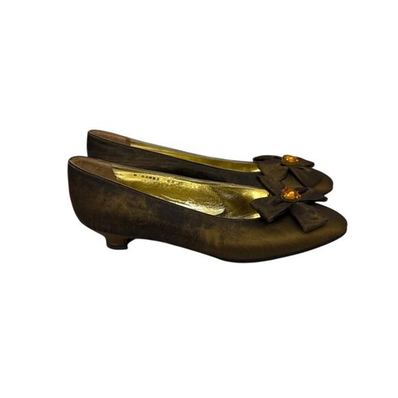 YSL Vintage Shoes Yves Saint Laurent Kitten Heel Pumps Brown Bronze Satin 6.5 - Picture 1 of 4